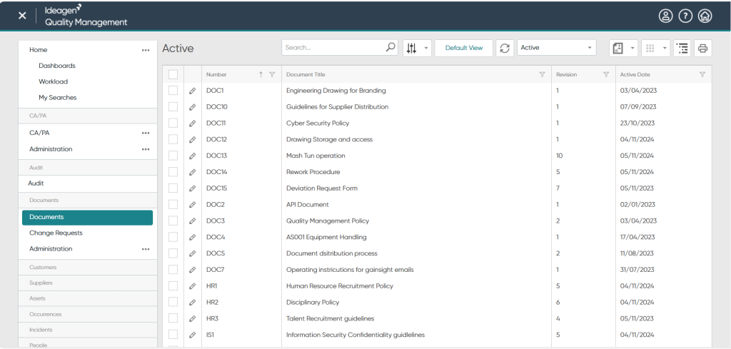 Captura de pantalla del software Ideagen QMS
