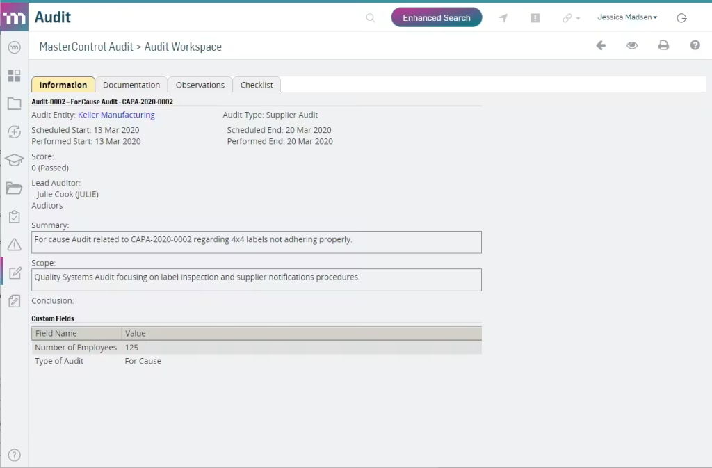 Captura de pantalla del software MasterControl QMS